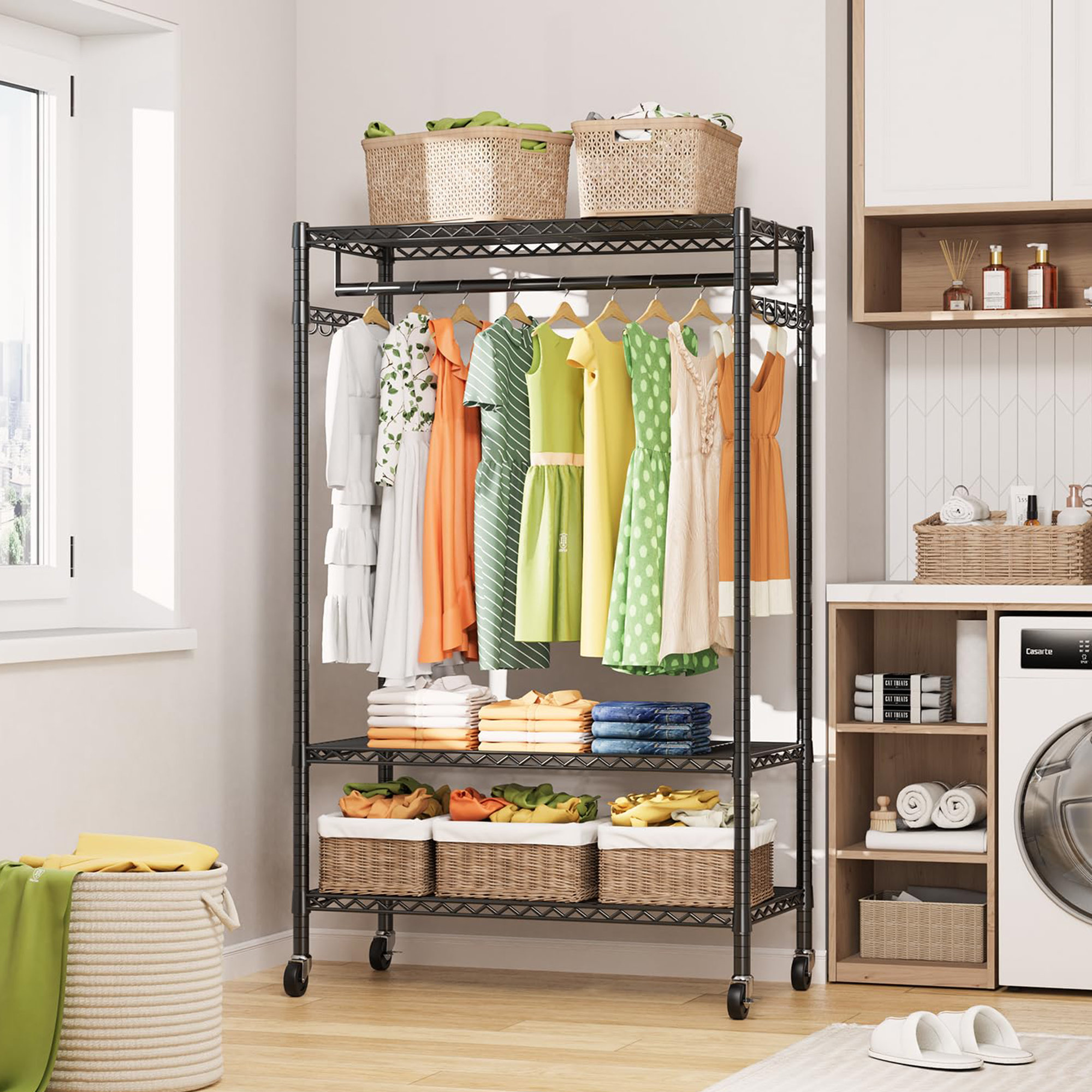 Freestanding 3 Layer Metal Wardrobe with Lockable Wheels Rebrilliant Color Black